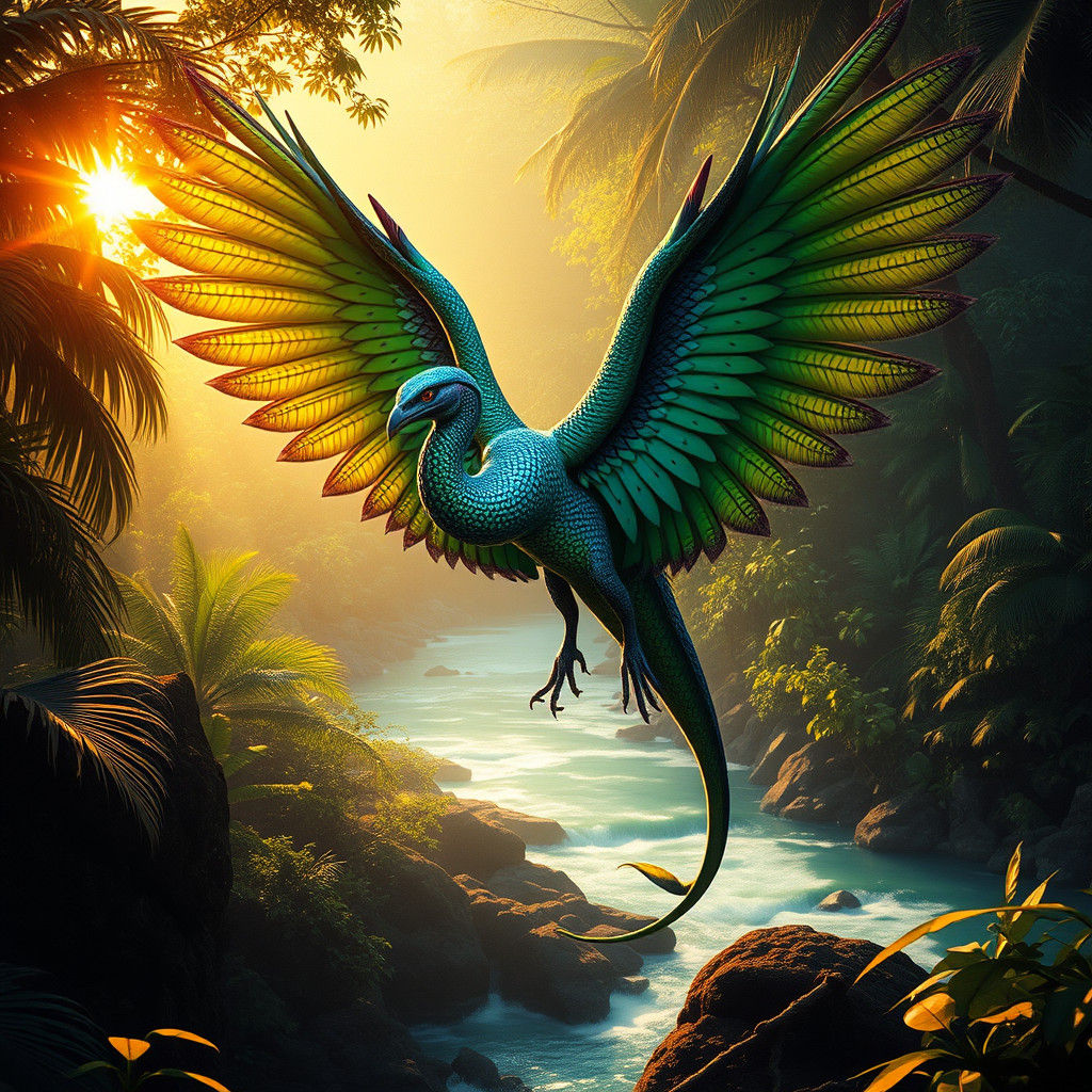 Feathered Serpent Quetzalcoatl over Tropical Rainforest