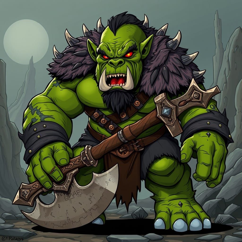 Mighty Green Orc Warrior in Cartoon Fantasy Style