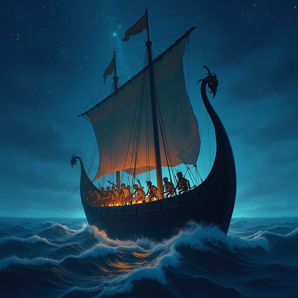 Viking Ship Battles Under Starry Skies in Dark Fantasy Art