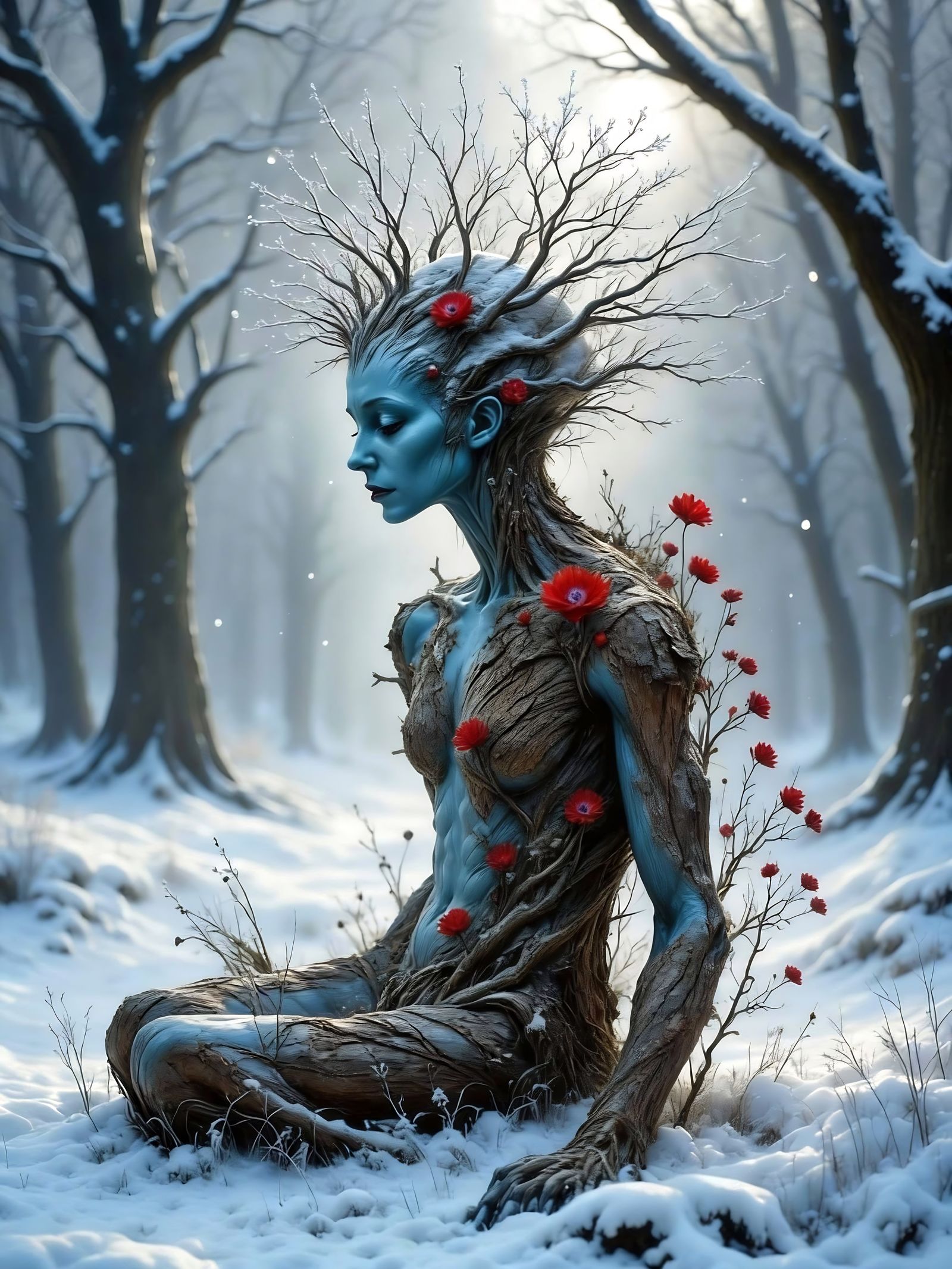 Frost Dryad in Mystical Winter Forest