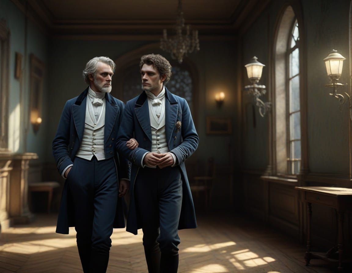 Futuristic Figure in Victorian Room with Golden Triangles