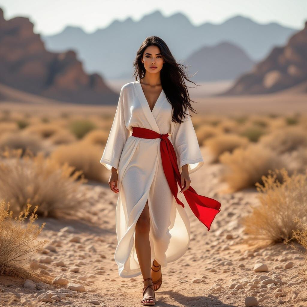 Arabic Woman in Desert Robe: Stony Wilderness Landscape