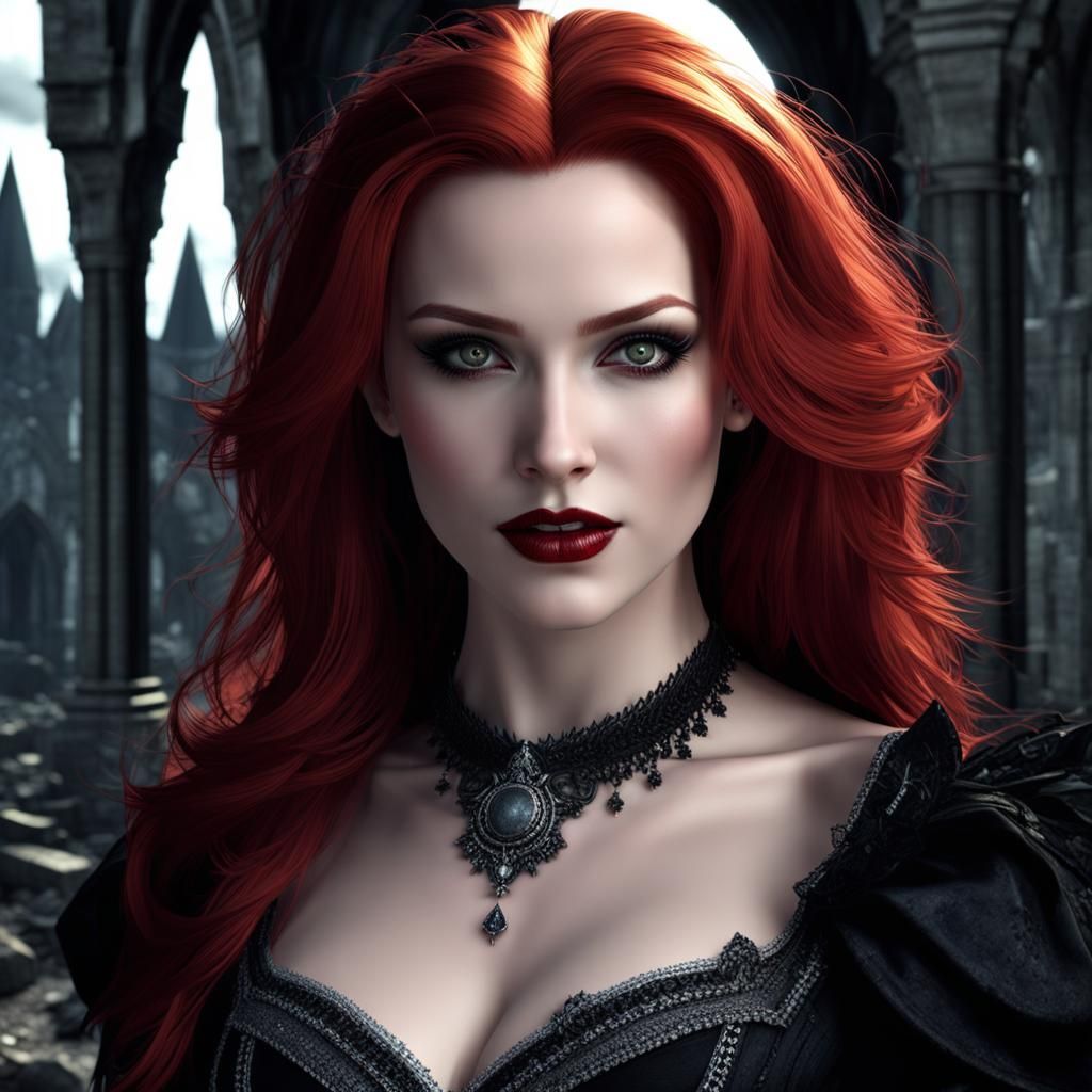 Redhead Vampire Portrait in Gothic Ruins