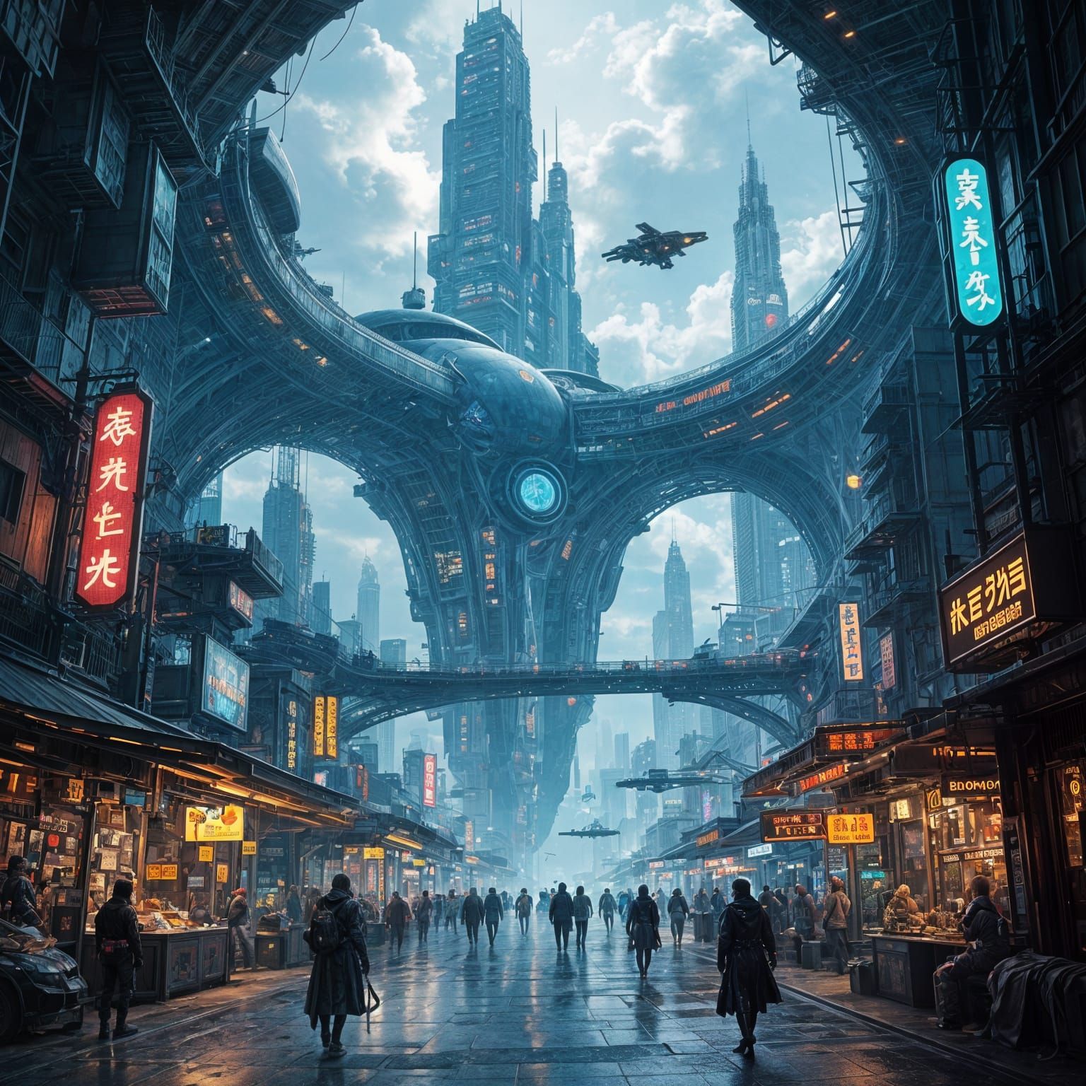 Bio-Mechanical City Marketplace in Cyberpunk Concept Art