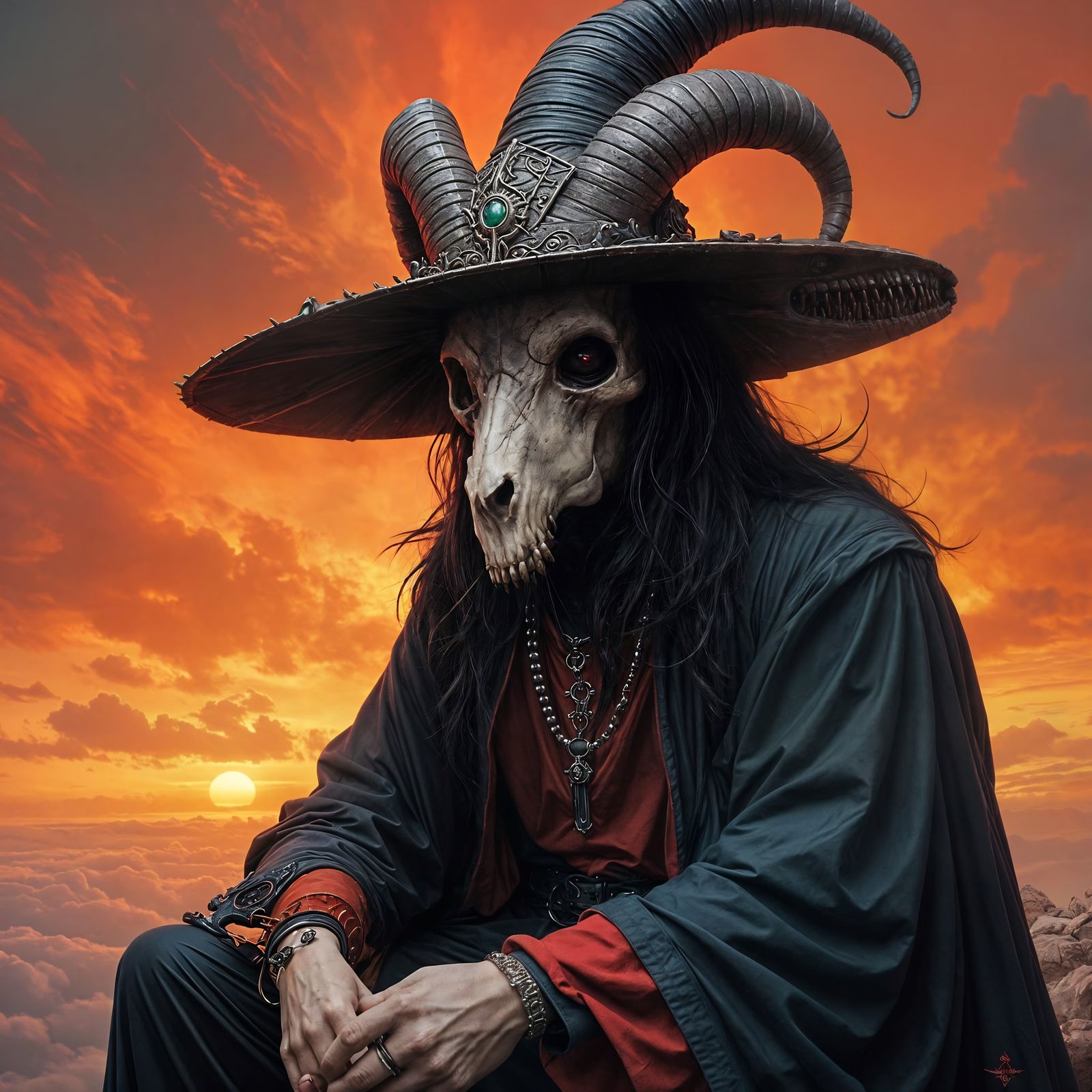Macabre Necromancer with Goat Skull Hat in Surreal Sky