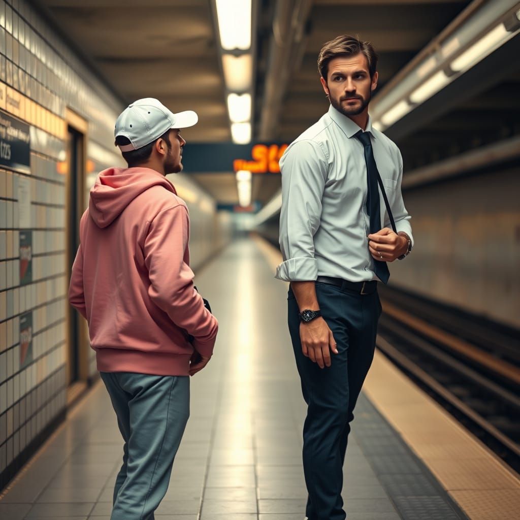 New York Subway: Man in Pink Hoodie on Platform