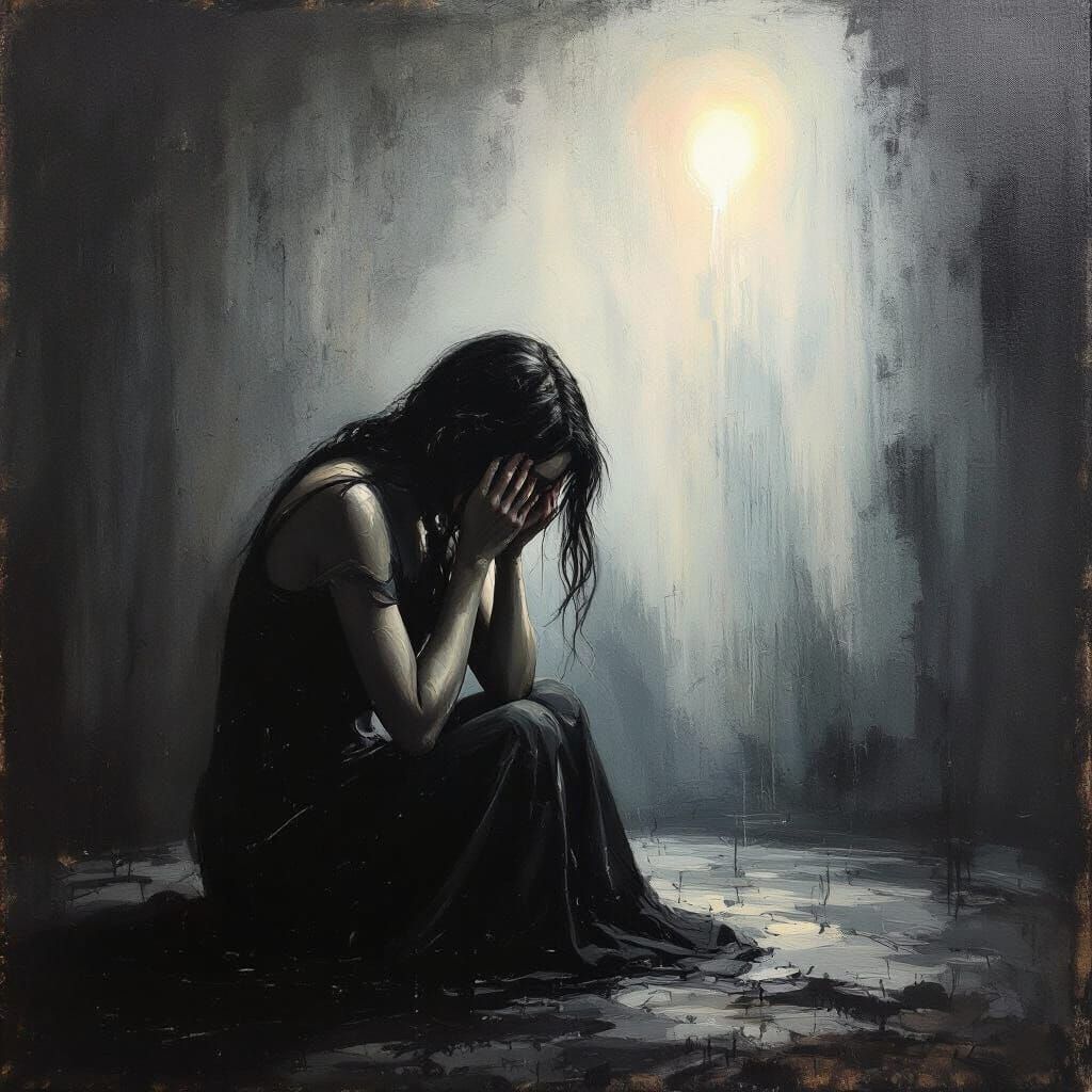 Expressionist Oil Painting of Woman Lost in Darkness with Di...