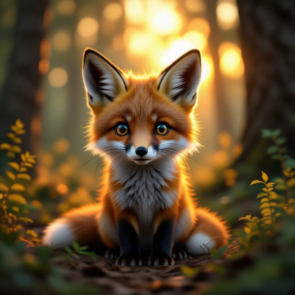 Baby Fox in Dramatic Sunset Forest Digital Matte Painting