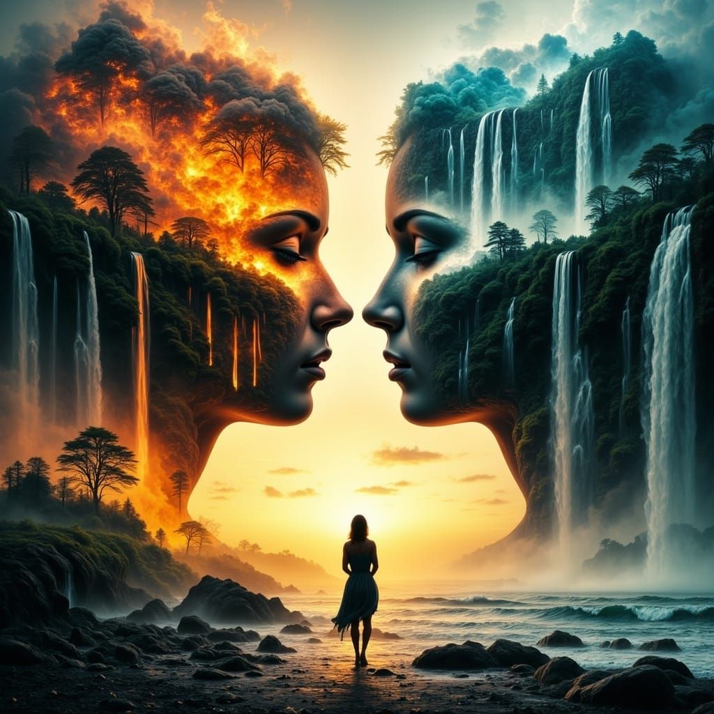 Ethereal Silhouette in Abstract Fire and Water World