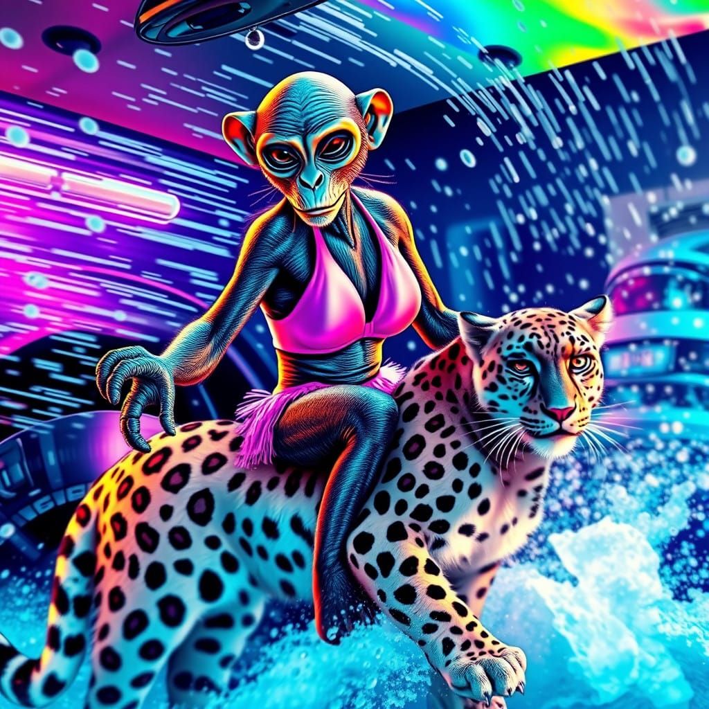 An alien monkey wearing a pink bikini