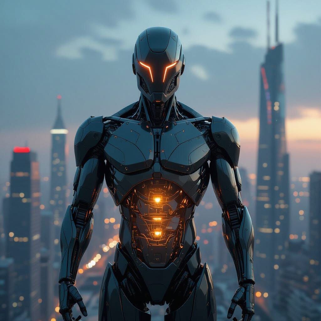 Cyborg Transformation in a Cyberpunk Cityscape