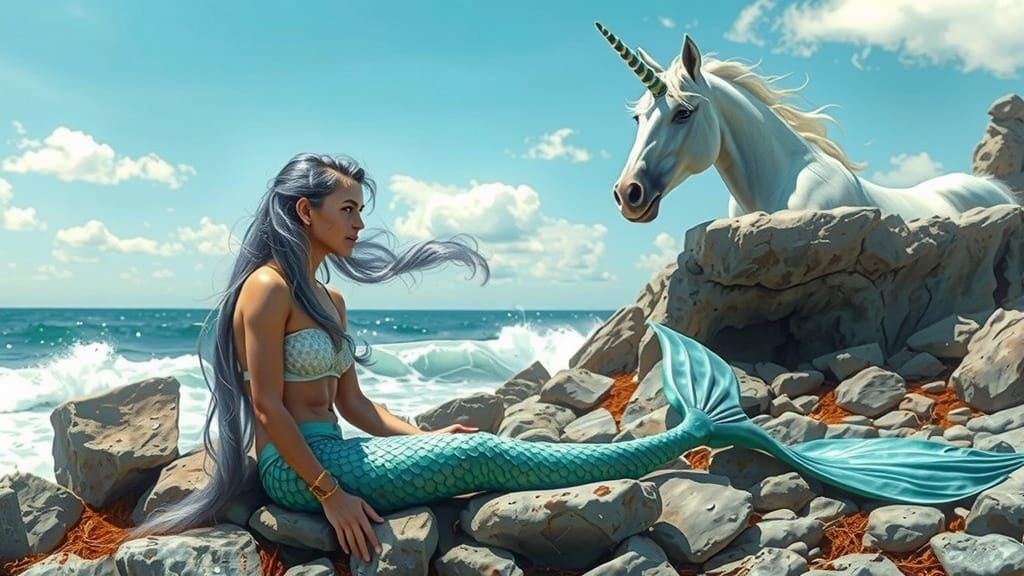 Mermaid Princess Talks to Unicorn on Windswept Beach