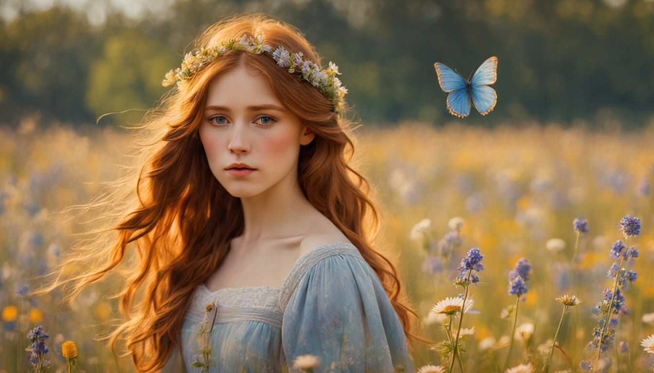 Young Girl Surrounded by Vibrant Wildflowers in a Sunlit Mea...