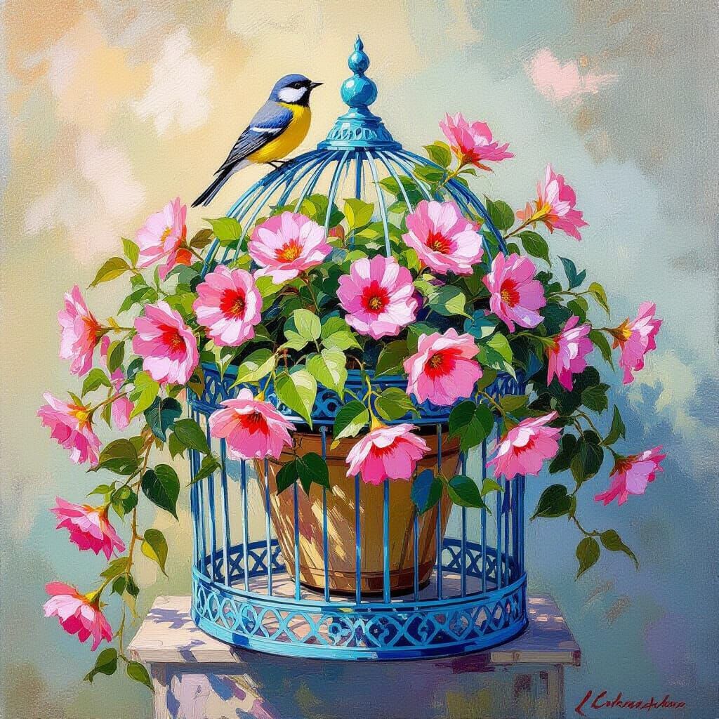 Ornate Bird Cage Overflowing With Pink Flowers