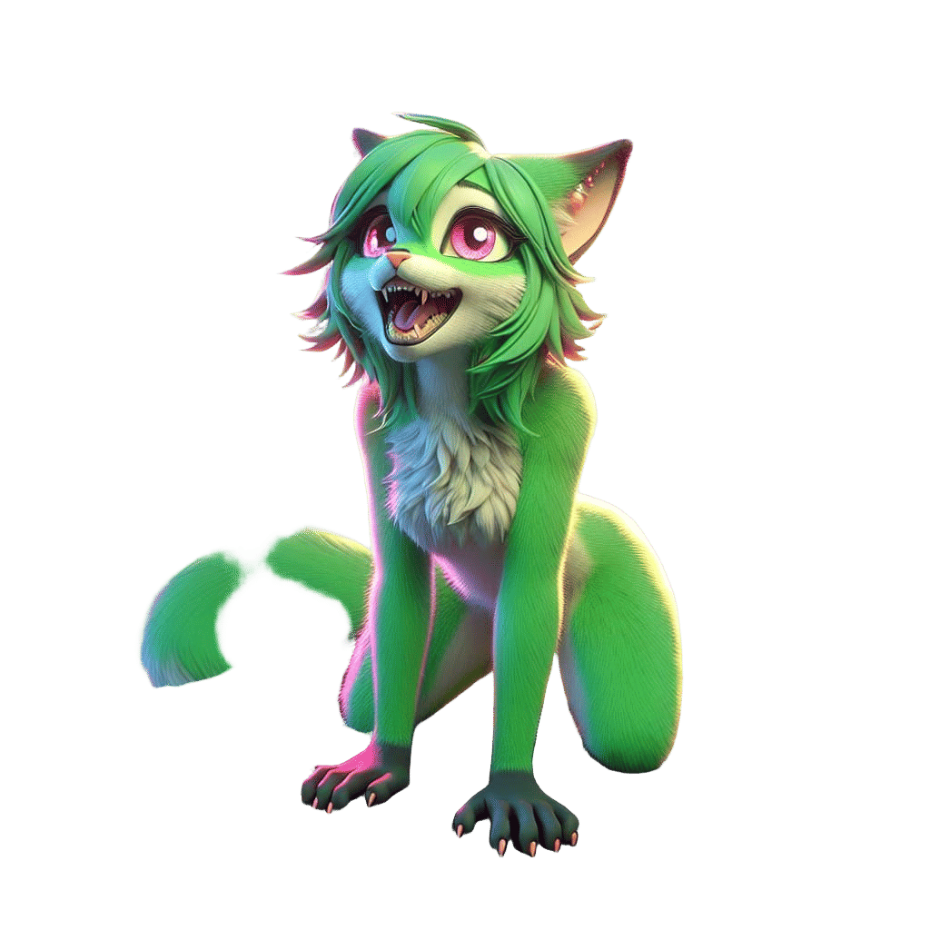 Green Fur Catgirl Kneeling, 3D Digital Art