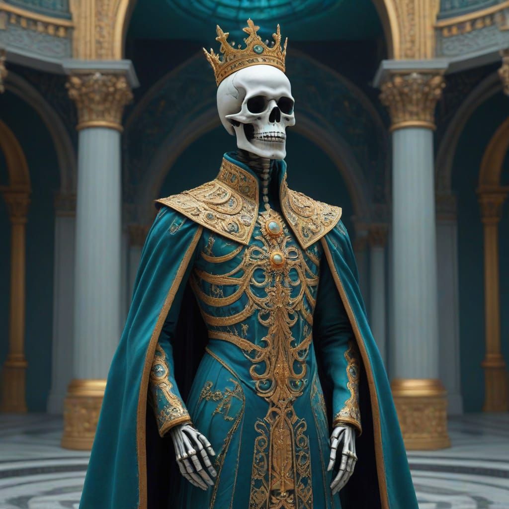 Regal Skeleton in Futuristic Palace: A 3D Diorama