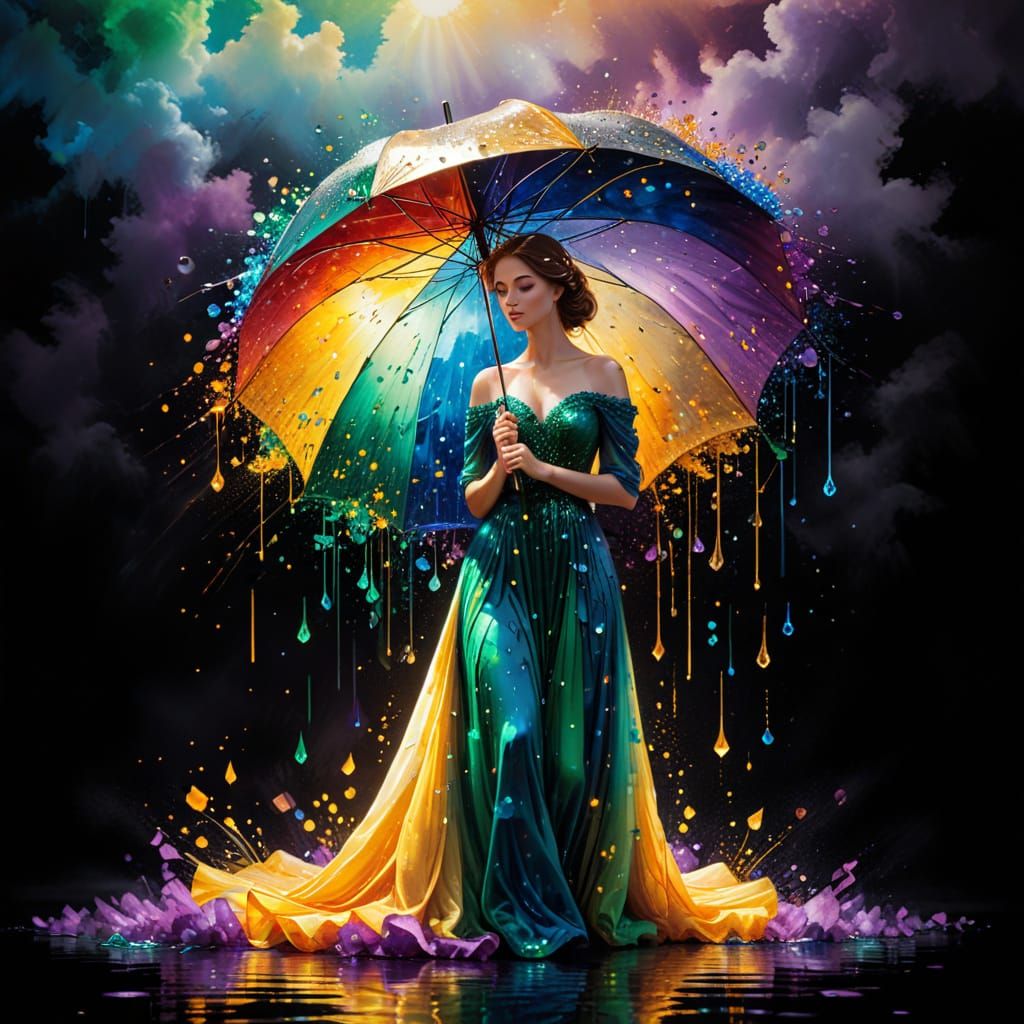 Girl in Whimsical Ink-Rain, Ethereal Sequin Gown