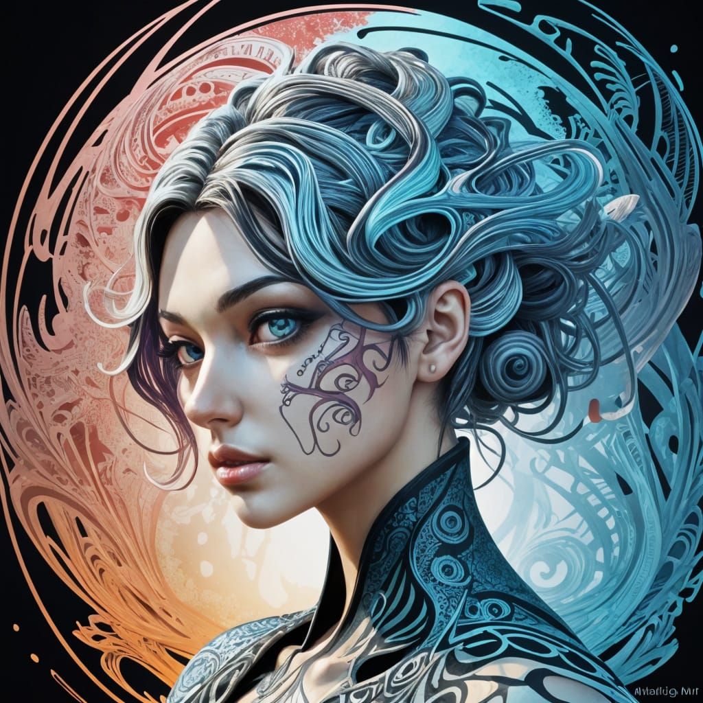 Colorful Fractal Art of Girl with Birds