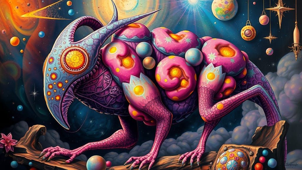 Cosmic Creature in Mystical Realm, Surrealist Painting
