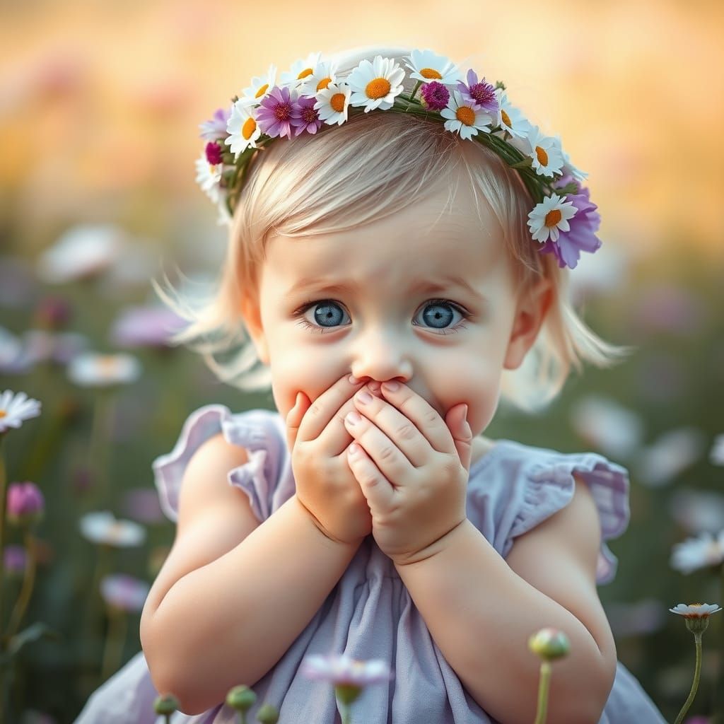 Infant Girl in Wildflower Field, Soft Natural Light