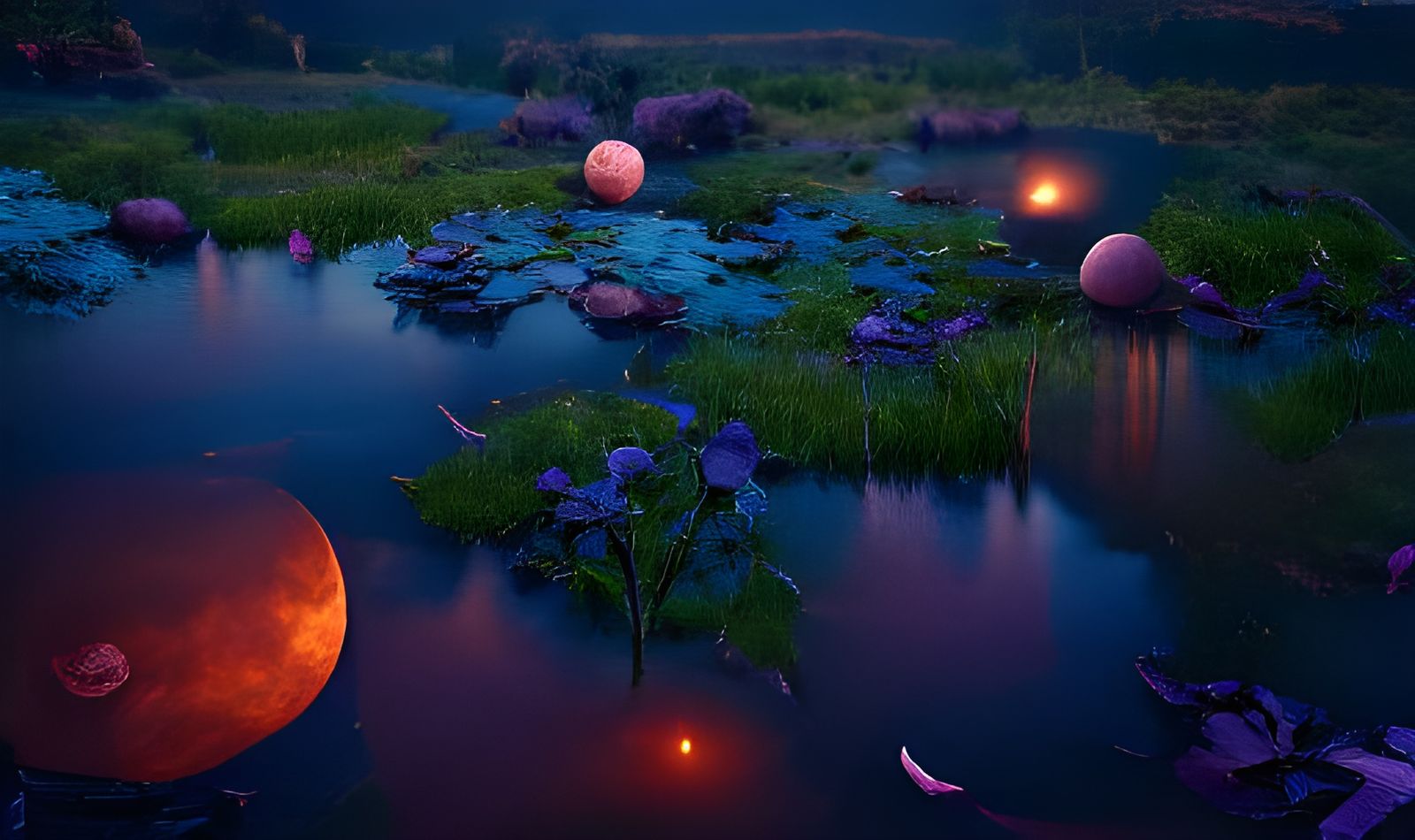Orange Moon Over Dark Pond in Detailed Rendering