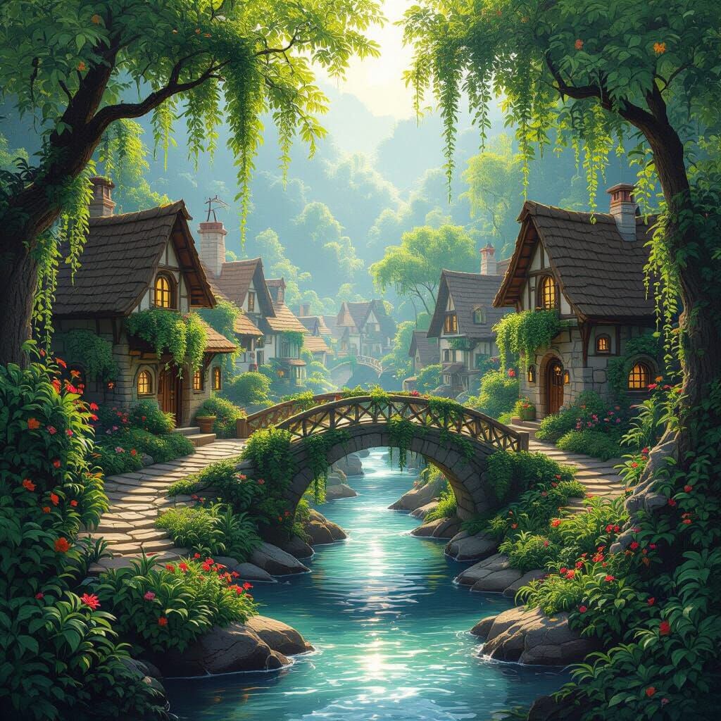 Alien Village with Exotic Plants and Stone Bridges