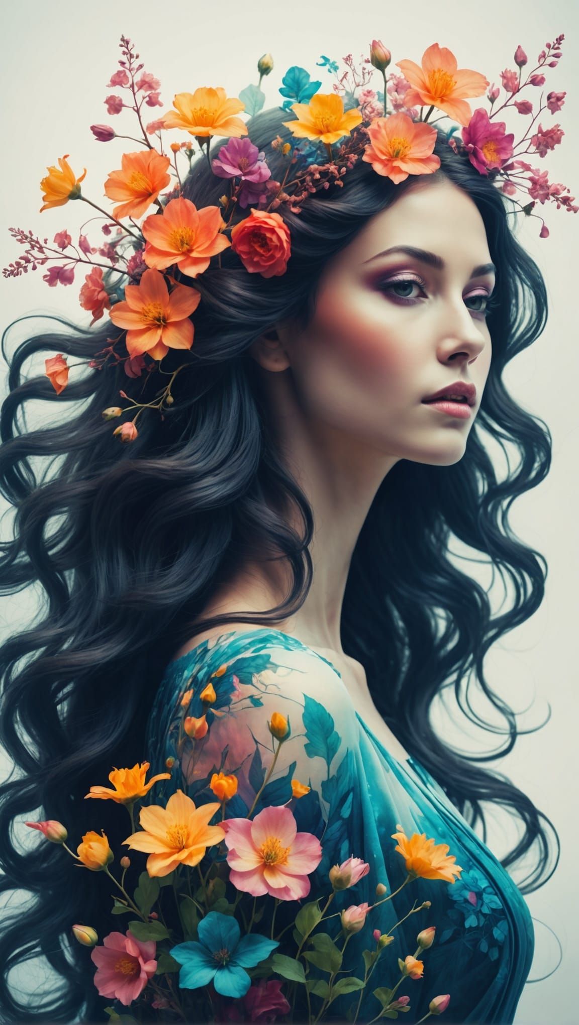 Ethereal Woman Merges with Blossoming Flowers