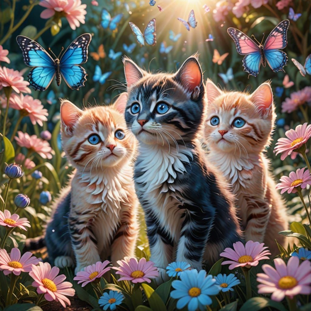 Kittens Playing in a Magical Glowing Garden