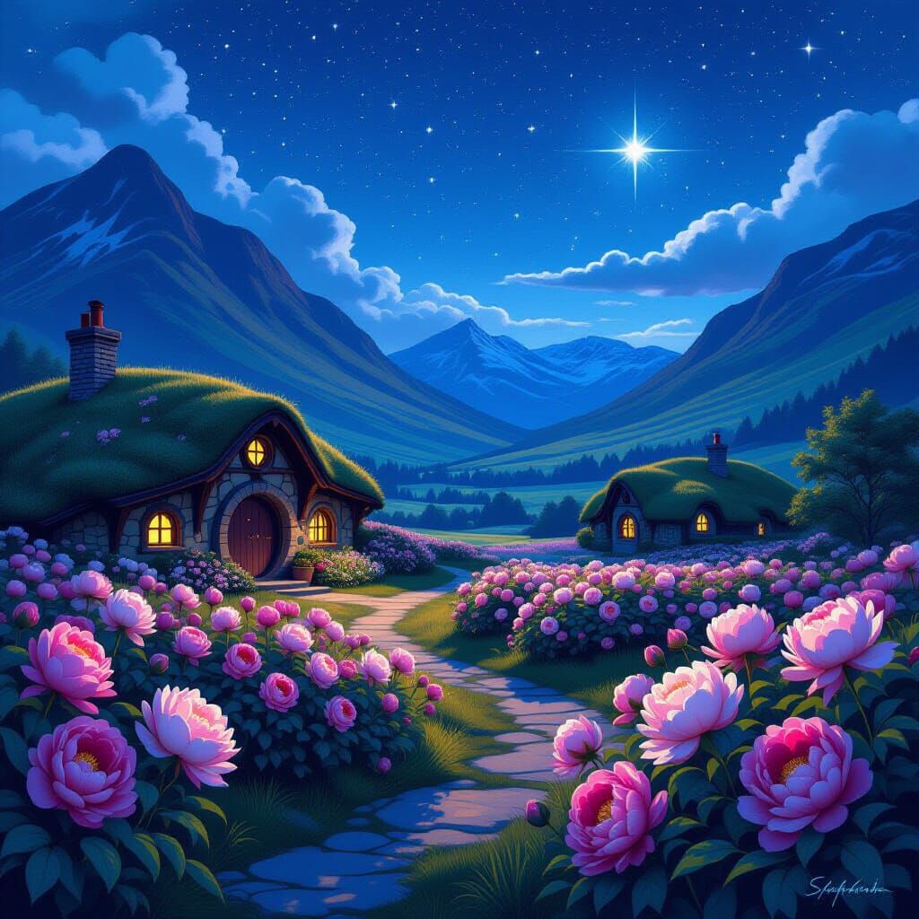 A hyper-realistic digital drawing  beautiful village with a ...