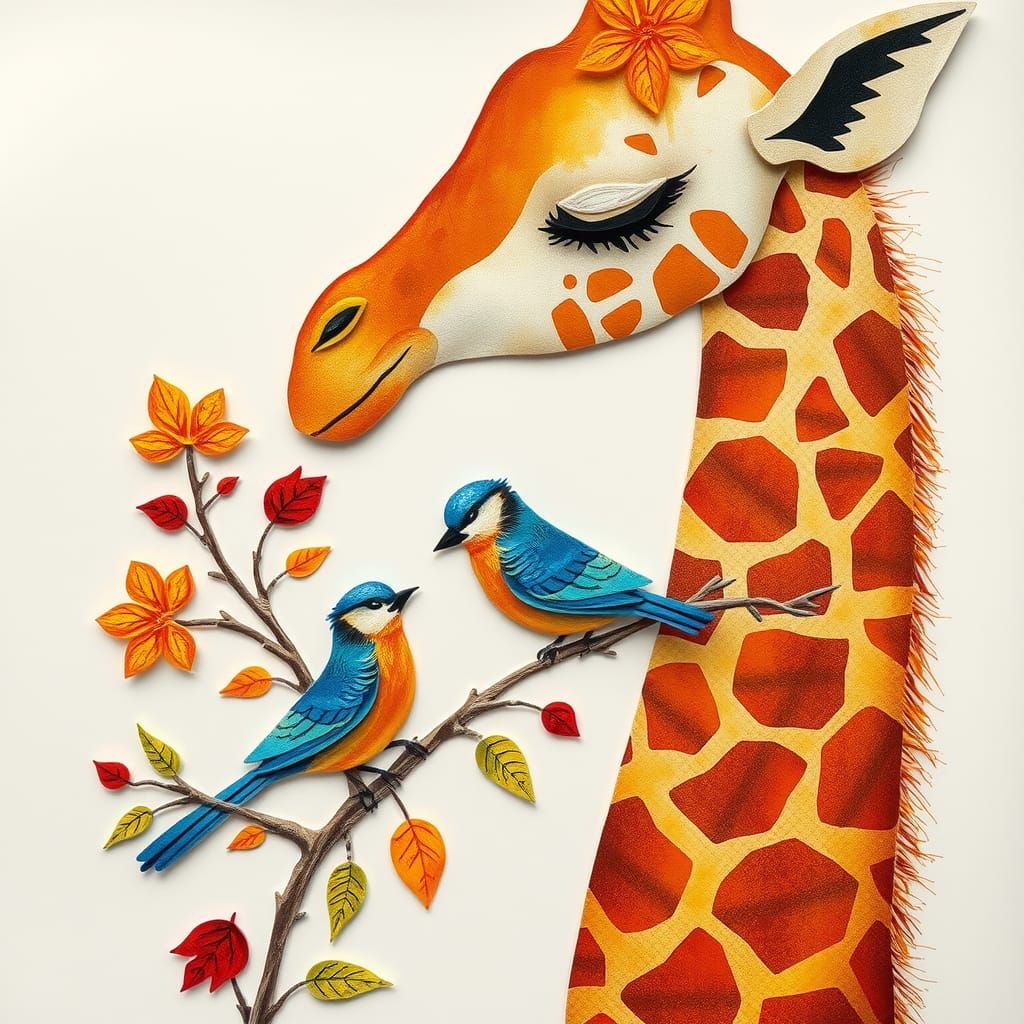 Giraffe and Bird: A Colorful Collage Artwork