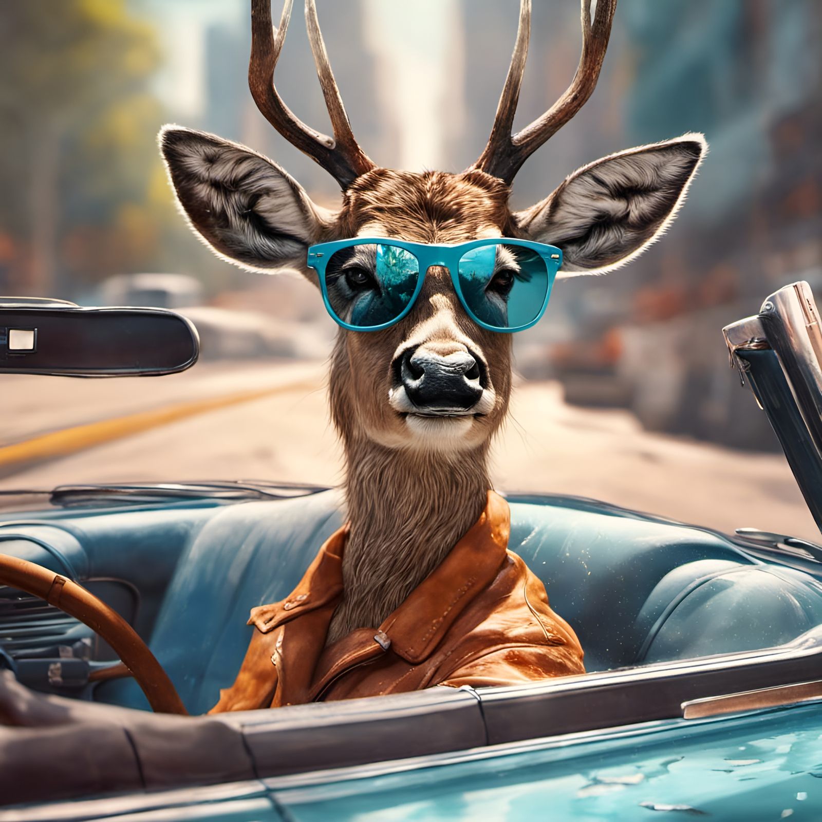 Deer Drives Convertible: Digital Illustration