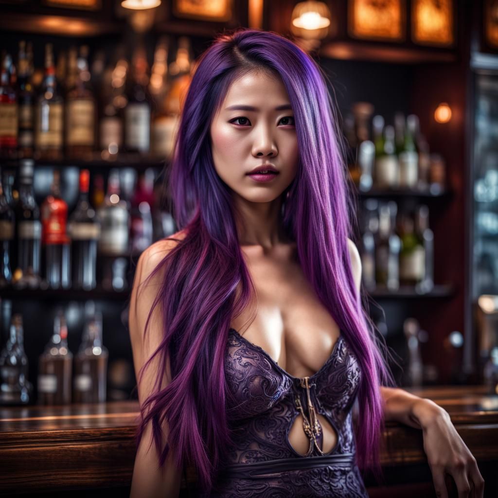 Beautiful Asian Woman with Purple Hair in Bar