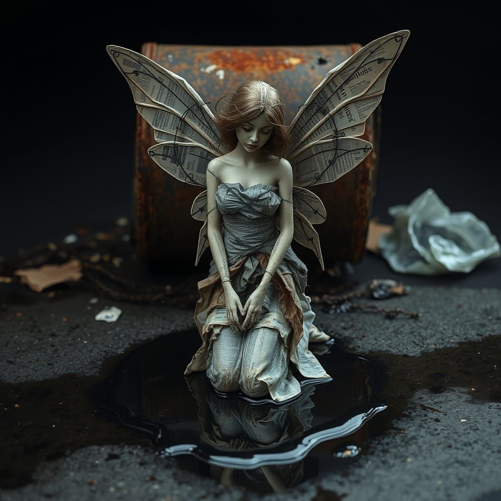 Intricate Fairy Figure Kneeling in Oil Puddle