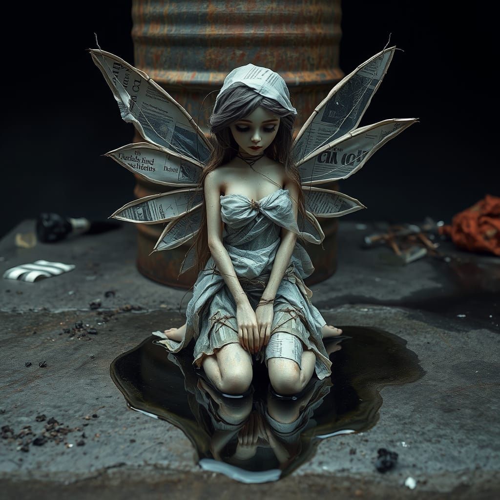 Intricate Fairy Made of Newspaper and Trash