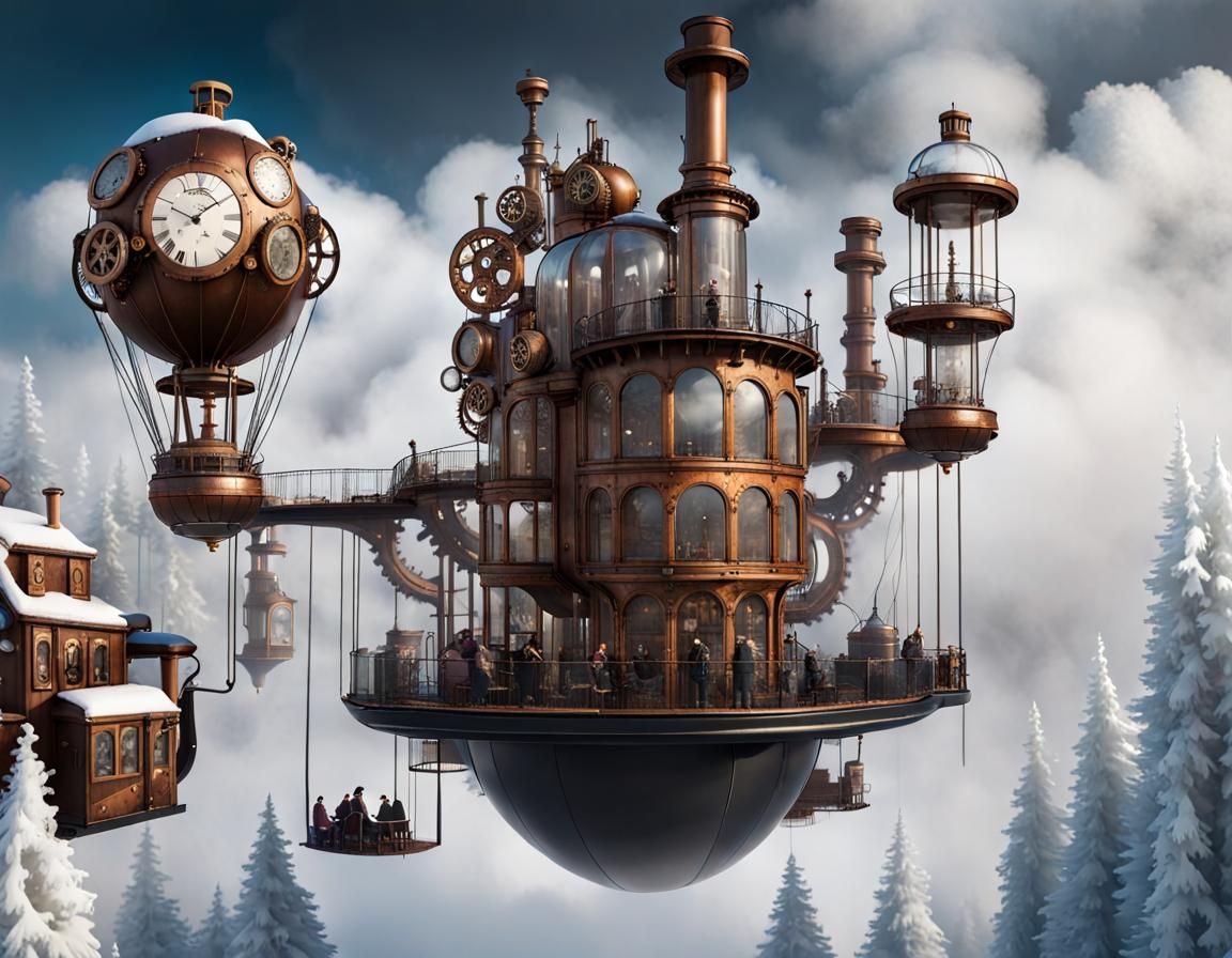 Floating steampunk theme park in the clouds in winter