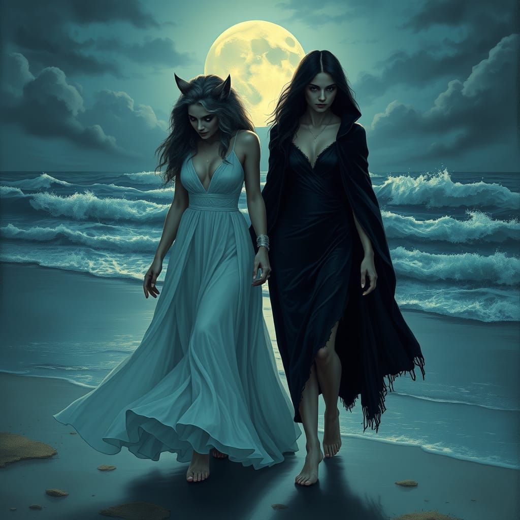 Werewolf and Vampire on Moonlit Beach, Art Nouveau