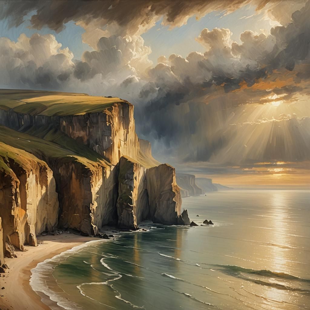 Ethereal Cliffs Plunge Into Calm Ocean: Turner-esque Oil Pai...