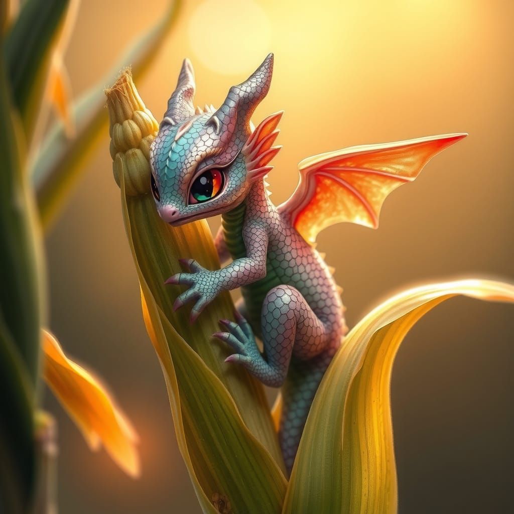Iridescent Dragon and Corn in Fantasy Art Style