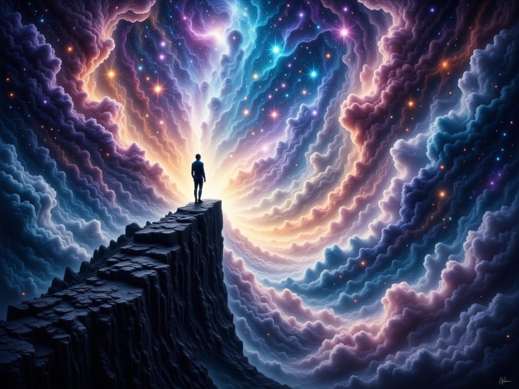 Figure Gazes into Infinite Cosmic Void in Surreal Style