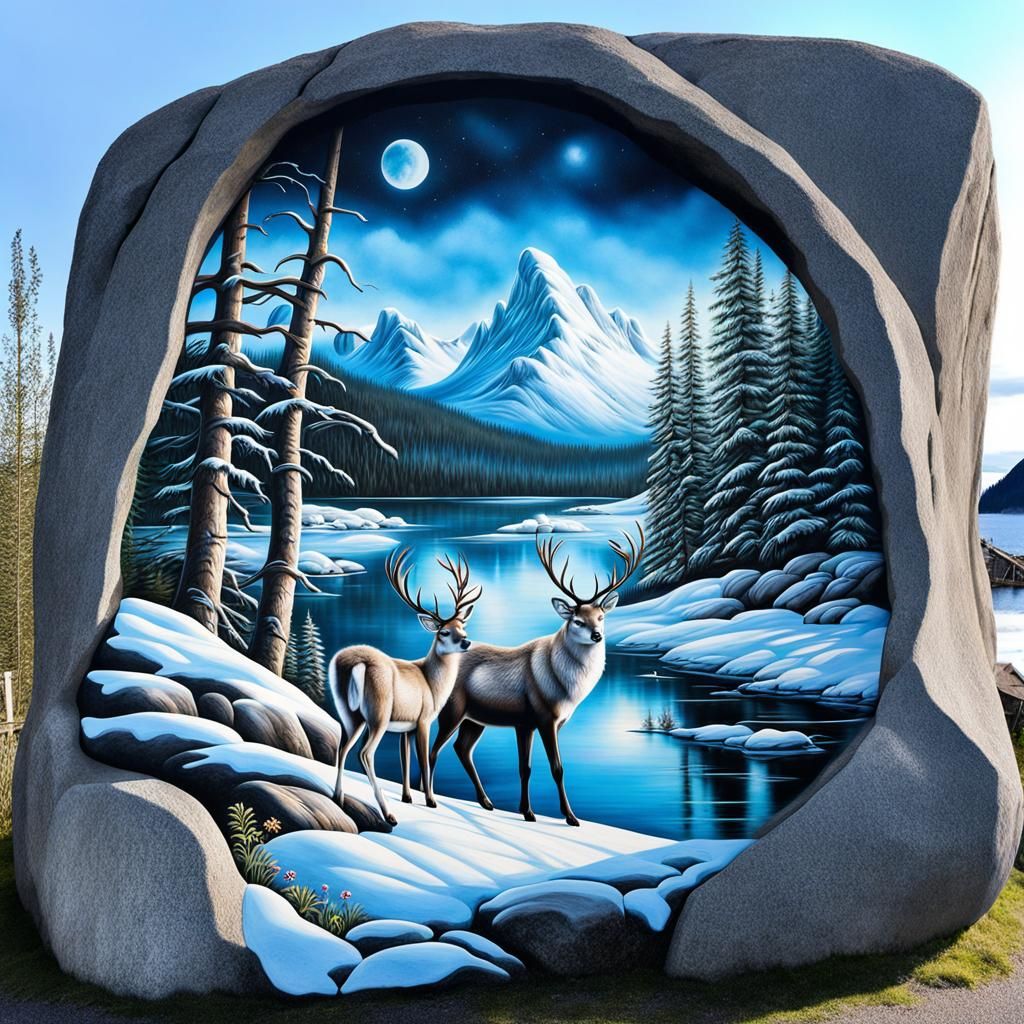 Airbrushed Rock Painting Winter Scene