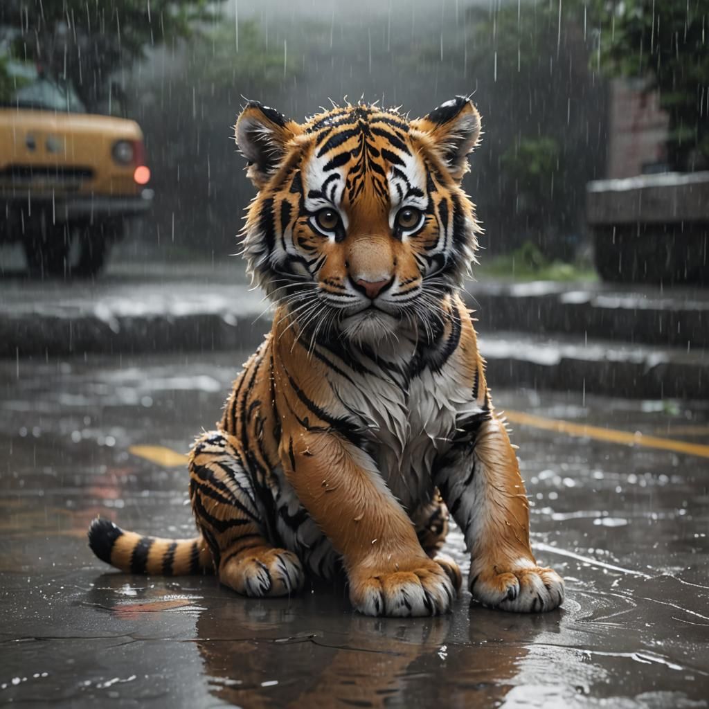Sad Baby Tiger Crying in Rain: 3D Anime Art
