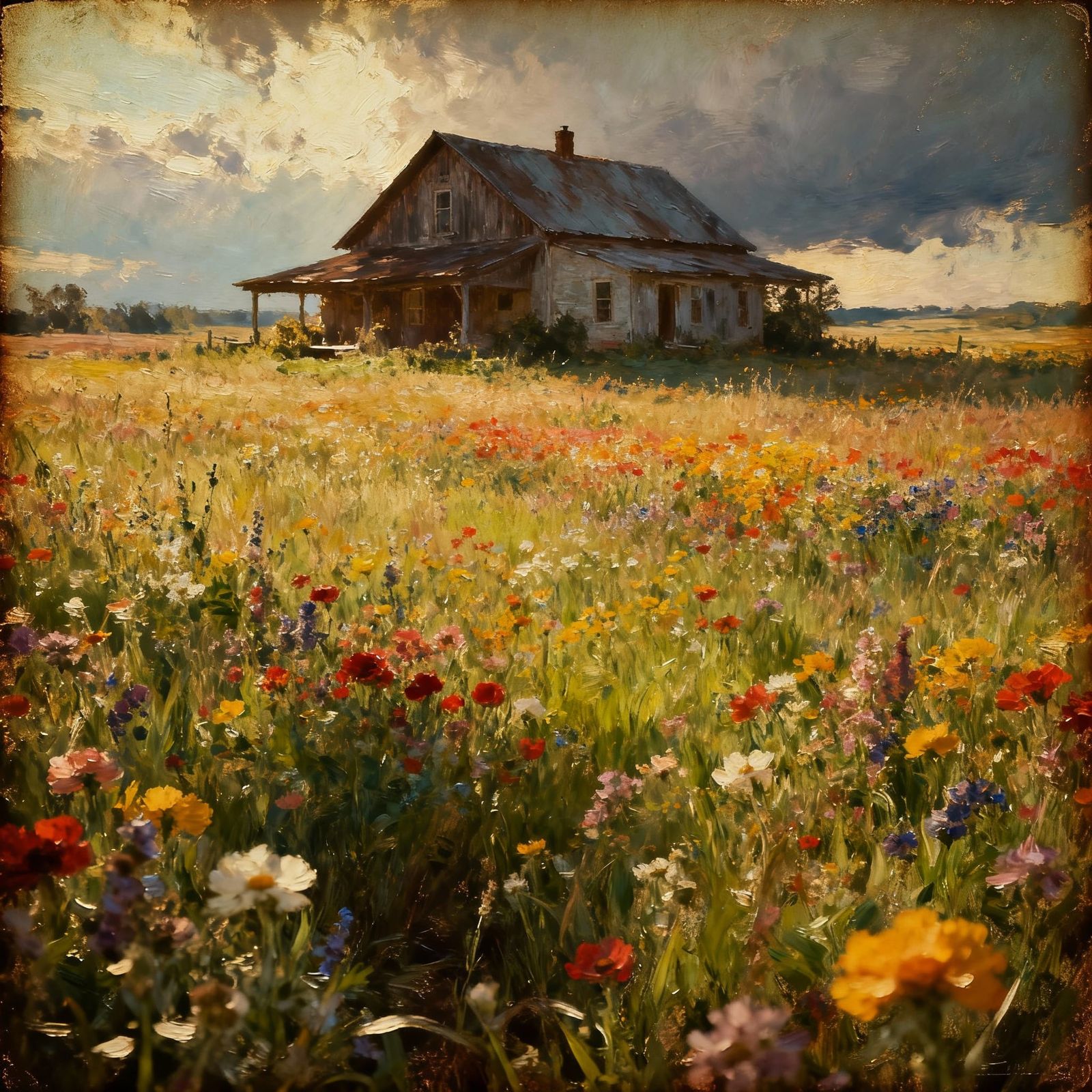 Old Fashioned Farmhouse Oil Painting in Wildflower Field