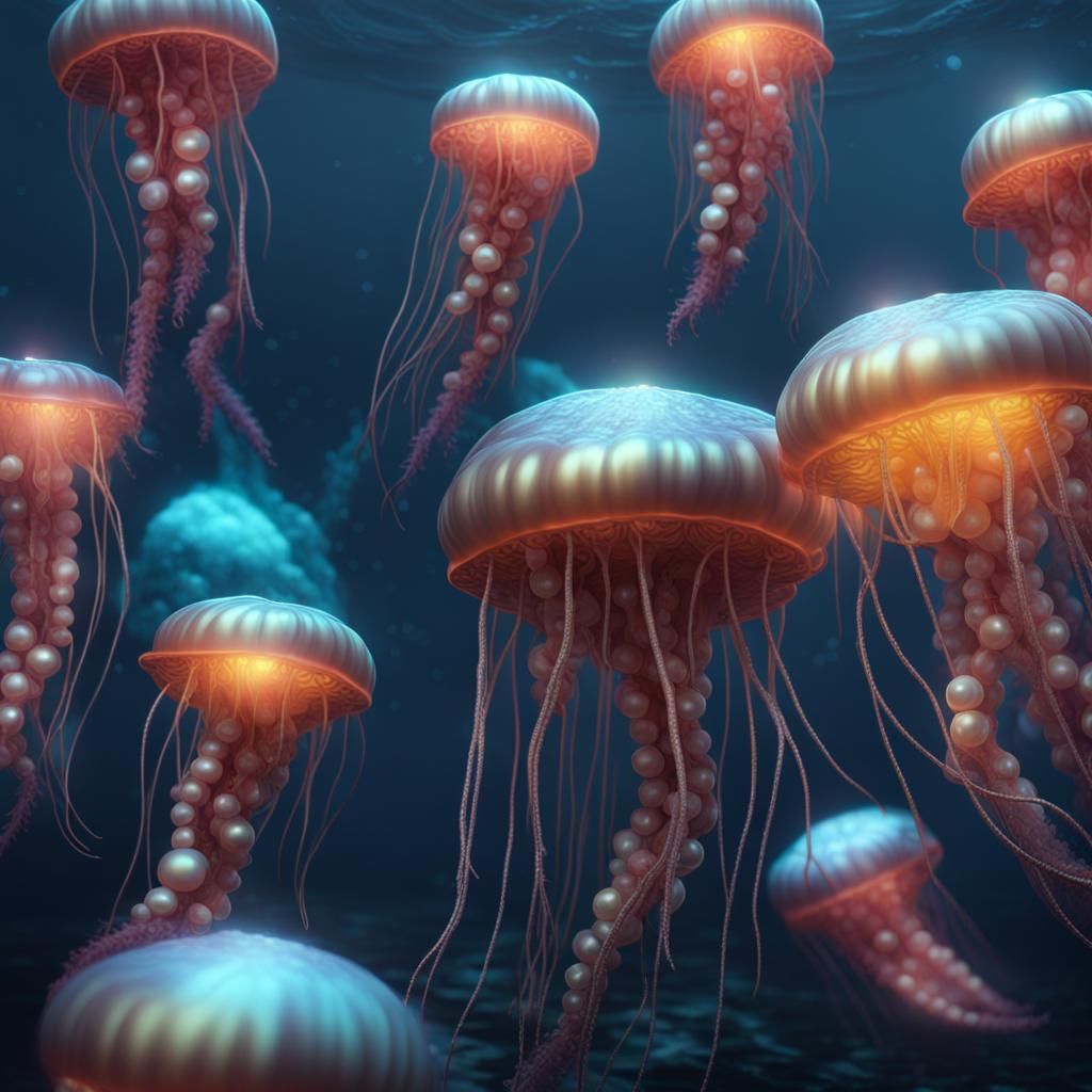 Glowing Pearl Jellyfish in a Deep Sea Matte Painting