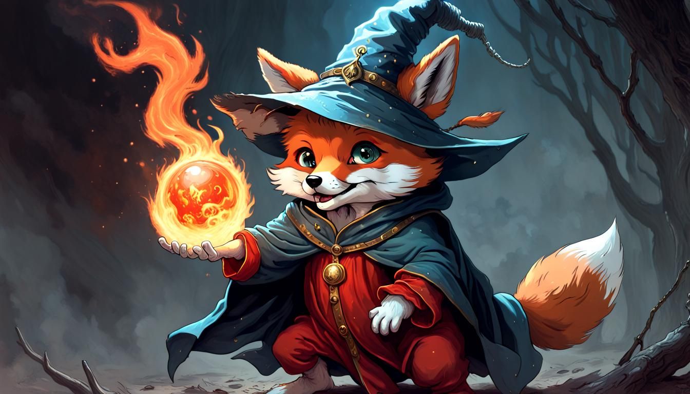Fiery Fox Pup Wizard in Horror Illustration Style