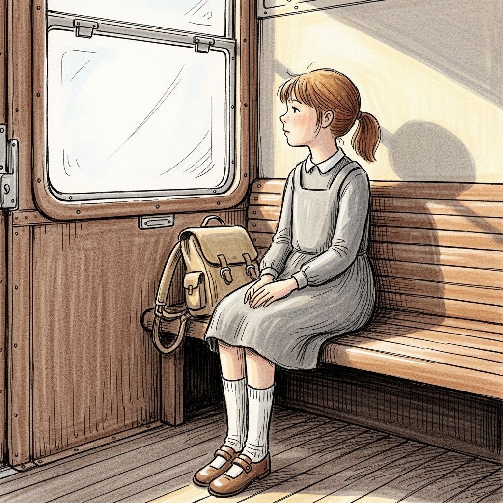 Girl in Vintage Train Compartment Drawing