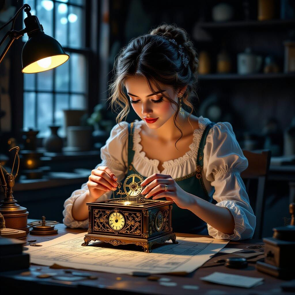Romantic Girl Assembles Victorian Music Box in Workshop