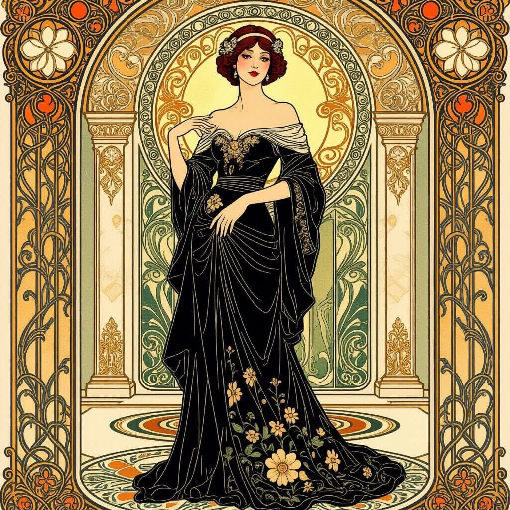Elegant Woman in Luxurious Room, Art Nouveau Style