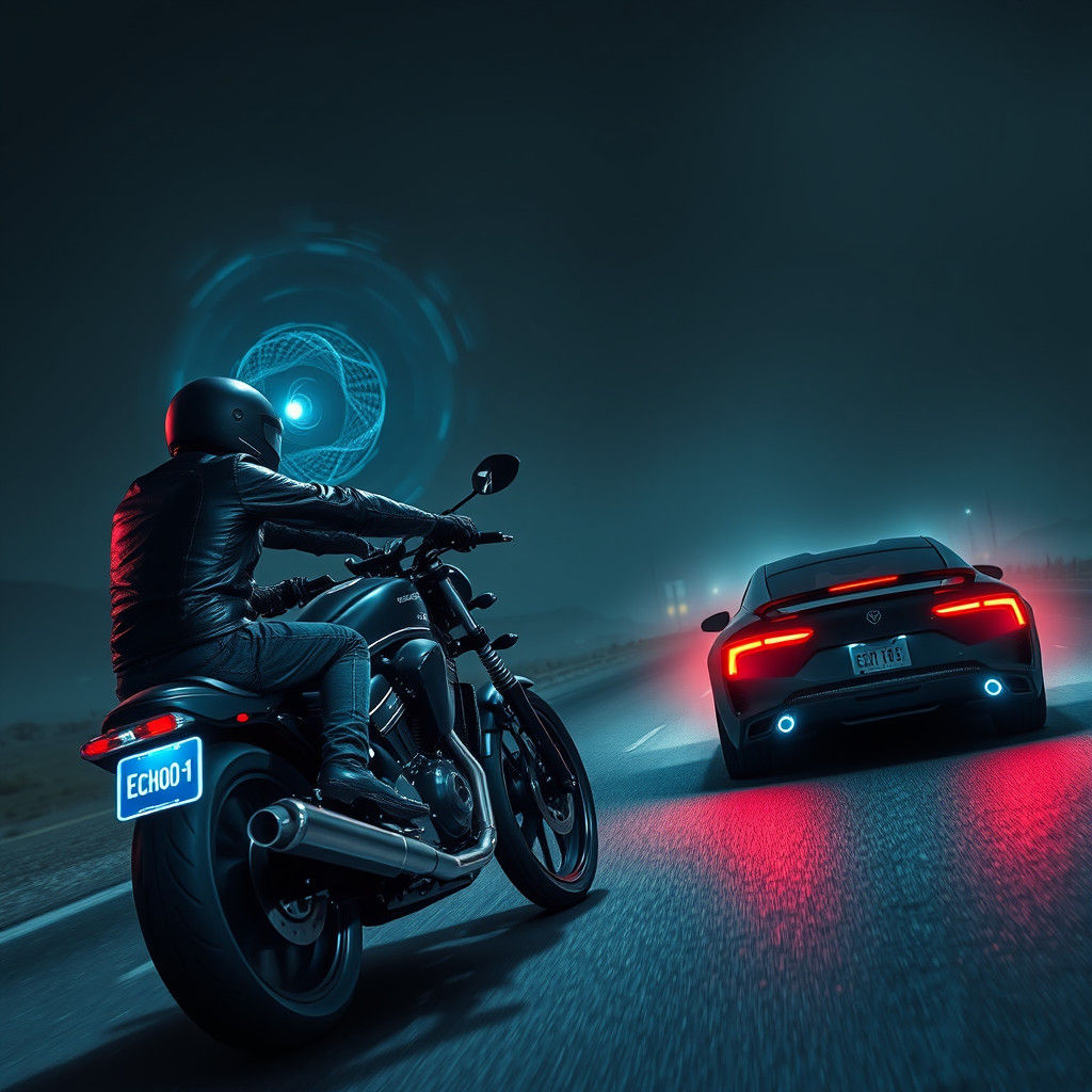 Biker Activates Wormhole in Dystopian Cyberpunk Landscape