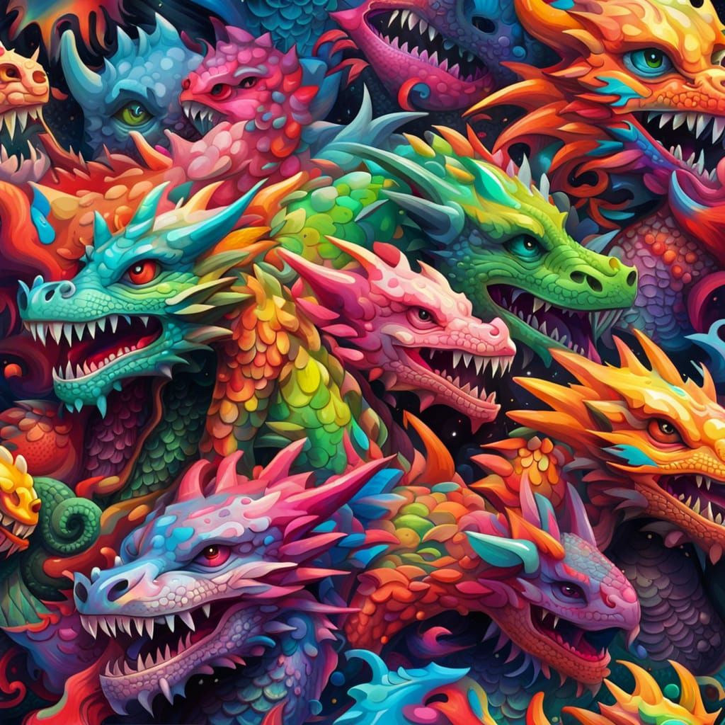 Colorful Dragons in Graffiti Street Art Style