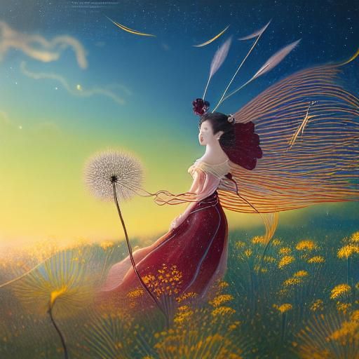 Woman and Dandelion in Fairytale Wind